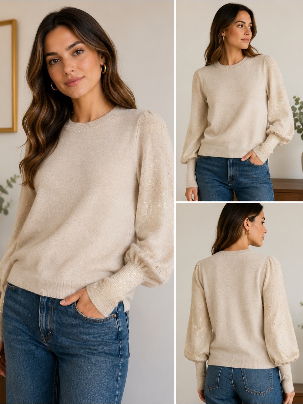 Brodie Cashmere Gold Foil Balloon Sleeve Sweater Beige Size M Like New